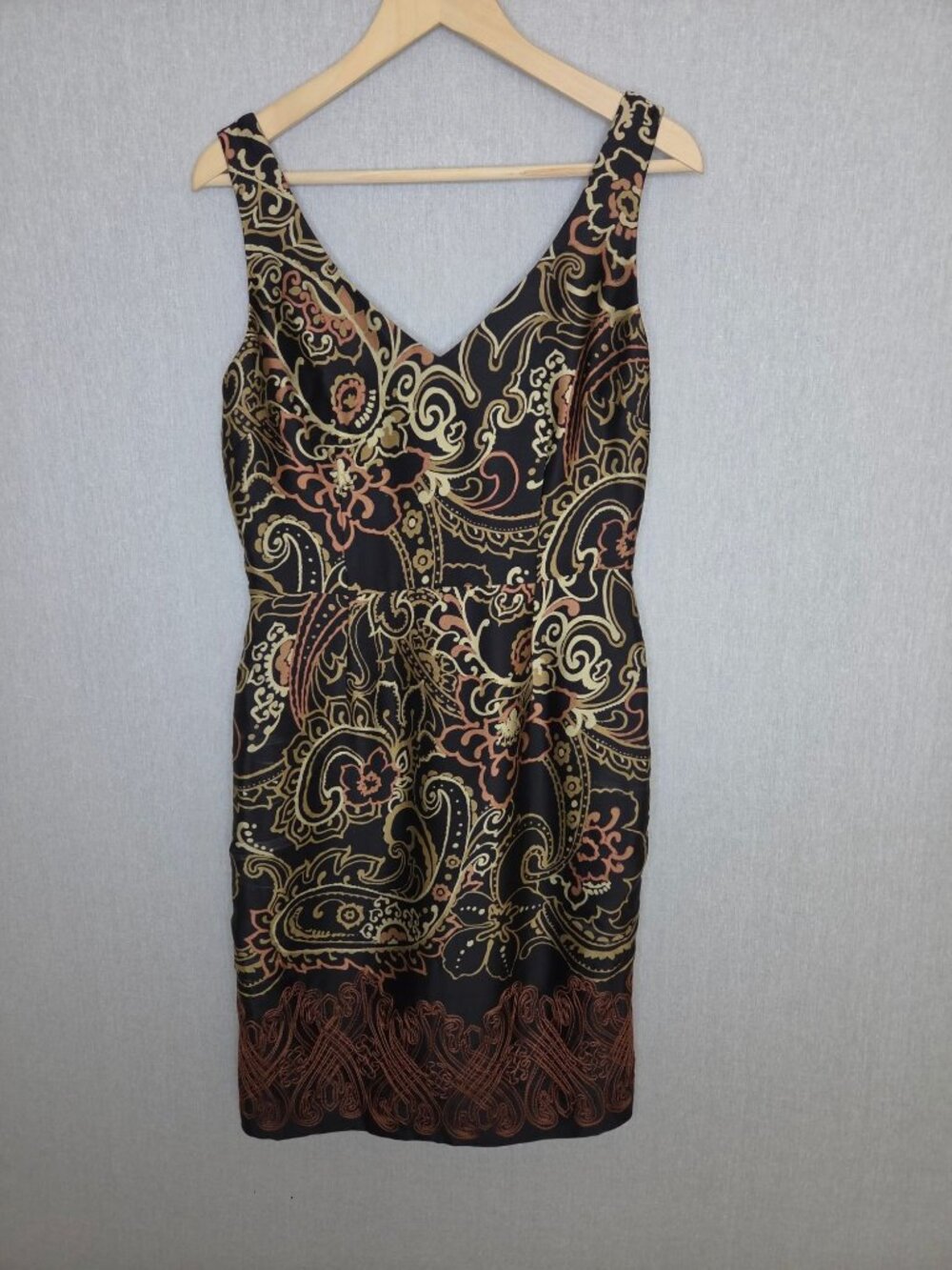 💙 Anne Klein New York 100% Silk Paisley Floral Sheath Dress Size 8 Black Brown